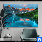 Bild Edelstahloptik Moraenensee Sonnenaufgang Querformat Produktvorschau mit dem Bild Moränensee Sonnenaufgang im Format Querformat.