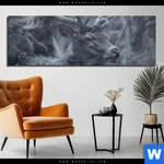 Bild Edelstahloptik Mystischer Hirsch Im Nebel Panorama Produktvorschau mit dem Bild Mystischer Hirsch im Nebel im Format Panorama.
