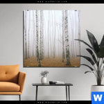 Bild Edelstahloptik Nebel Im Birkenwald Quadrat Produktvorschau mit dem Bild Nebel im Birkenwald im Format Quadrat.