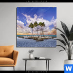 Bild Edelstahloptik Palmen Auf Insel Quadrat Produktvorschau mit dem Bild Palmen auf Insel im Format Quadrat.