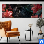 Bild Edelstahloptik Panther Und Rote Blueten Panorama Produktvorschau mit dem Bild Panther und rote Blüten im Format Panorama.