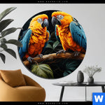 Bild Edelstahloptik Papageien Auf Einem Ast Rund Produktvorschau mit dem Bild Papageien auf einem Ast im Format Rund.