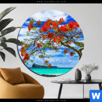 Bild Edelstahloptik Rote Blueten Und Tuerkisfarbenes Meer Rund Produktvorschau mit dem Bild Rote Blüten und Türkisfarbenes Meer im Format Rund.