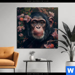 Bild Edelstahloptik Schimpanse Zwischen Blumen Quadrat Produktvorschau mit dem Bild Schimpanse zwischen Blumen im Format Quadrat.
