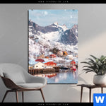 Bild Edelstahloptik Skandinavisches Dorf Im Schnee Hochformat Produktvorschau mit dem Bild Skandinavisches Dorf im Schnee im Format Hochformat.