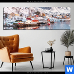 Bild Edelstahloptik Skandinavisches Dorf Im Schnee Panorama Produktvorschau mit dem Bild Skandinavisches Dorf im Schnee im Format Panorama.