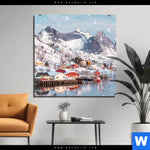 Bild Edelstahloptik Skandinavisches Dorf Im Schnee Quadrat Produktvorschau mit dem Bild Skandinavisches Dorf im Schnee im Format Quadrat.