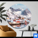 Bild Edelstahloptik Skandinavisches Dorf Im Schnee Rund Produktvorschau mit dem Bild Skandinavisches Dorf im Schnee im Format Rund.