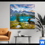 Bild Edelstahloptik Sommermorgen Am Bergsee Quadrat Produktvorschau mit dem Bild Sommermorgen am Bergsee im Format Quadrat.