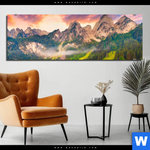 Bild Edelstahloptik Sonnenaufgang Am Bergsee Panorama Produktvorschau mit dem Bild Sonnenaufgang am Bergsee im Format Panorama.