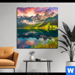 Bild Edelstahloptik Sonnenaufgang Am Bergsee Quadrat Produktvorschau mit dem Bild Sonnenaufgang am Bergsee im Format Quadrat.