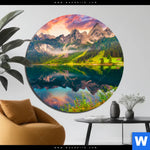 Bild Edelstahloptik Sonnenaufgang Am Bergsee Rund Produktvorschau mit dem Bild Sonnenaufgang am Bergsee im Format Rund.