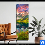Bild Edelstahloptik Sonnenaufgang Am Bergsee Schmal Produktvorschau mit dem Bild Sonnenaufgang am Bergsee im Format Schmal.