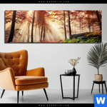 Bild Edelstahloptik Sonnenlicht Im Nebligen Wald Panorama Produktvorschau mit dem Bild Sonnenlicht im nebligen Wald im Format Panorama.