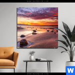 Bild Edelstahloptik Sonnenuntergang Am Strand Mit Felsen Quadrat Produktvorschau mit dem Bild Sonnenuntergang am Strand mit Felsen im Format Quadrat.