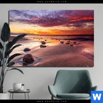 Bild Edelstahloptik Sonnenuntergang Am Strand Mit Felsen Querformat Produktvorschau mit dem Bild Sonnenuntergang am Strand mit Felsen im Format Querformat.