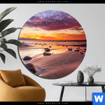 Bild Edelstahloptik Sonnenuntergang Am Strand Mit Felsen Rund Produktvorschau mit dem Bild Sonnenuntergang am Strand mit Felsen im Format Rund.