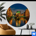 Bild Edelstahloptik Speicherstadt Hamburg Rund Produktvorschau mit dem Bild Speicherstadt Hamburg im Format Rund.