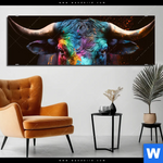 Bild Edelstahloptik Stier Mit Bunten Farben Panorama Produktvorschau mit dem Bild Stier mit bunten Farben im Format Panorama.