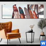 Bild Edelstahloptik Surfbretter Und Palmen Panorama Produktvorschau mit dem Bild Surfbretter und Palmen im Format Panorama.