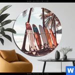 Bild Edelstahloptik Surfbretter Und Palmen Rund Produktvorschau mit dem Bild Surfbretter und Palmen im Format Rund.