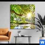 Bild Edelstahloptik Wald Mit Bach Bei Sonnenschein Quadrat Produktvorschau mit dem Bild Wald mit Bach bei Sonnenschein im Format Quadrat.