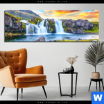 Bild Edelstahloptik Wasserfall Bei Sonnenuntergang Panorama Produktvorschau mit dem Bild Wasserfall bei Sonnenuntergang im Format Panorama.