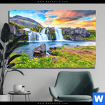 Bild Edelstahloptik Wasserfall Bei Sonnenuntergang Querformat Produktvorschau mit dem Bild Wasserfall bei Sonnenuntergang im Format Querformat.