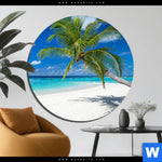 Bild Edelstahloptik Weisser Strand Kokospalme Rund Produktvorschau mit dem Bild Weißer Strand & Kokospalme im Format Rund.
