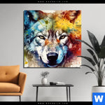 Bild Edelstahloptik Wolf Mit Bunten Farbspritzern No 2 Quadrat Produktvorschau mit dem Bild Wolf mit bunten Farbspritzern No. 2 im Format Quadrat.