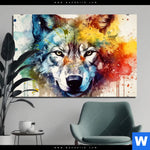 Bild Edelstahloptik Wolf Mit Bunten Farbspritzern No 2 Querformat Produktvorschau mit dem Bild Wolf mit bunten Farbspritzern No. 2 im Format Querformat.