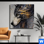 Leinwandbild Abstrakter Wolf In Gold Und Grau Quadrat Produktvorschau mit dem Bild Abstrakter Wolf in Gold und Grau im Format Quadrat.