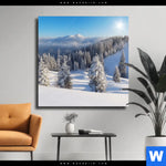 Leinwandbild Berge Und Waelder In Schnee Quadrat Produktvorschau mit dem Bild Berge und Wälder in Schnee im Format Quadrat.