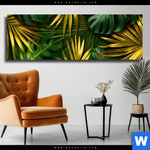 Leinwandbild Blaetter Gold Gruen Panorama Produktvorschau mit dem Bild Blätter Gold Grün im Format Panorama.
