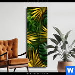 Leinwandbild Blaetter Gold Gruen Schmal Produktvorschau mit dem Bild Blätter Gold Grün im Format Schmal.