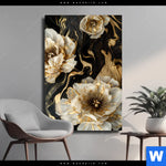Leinwandbild Blueten Gold Weiss Schwarz Hochformat Produktvorschau mit dem Bild Blüten Gold Weiß Schwarz im Format Hochformat.