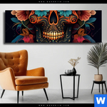 Leinwandbild Blumenschaedel Schwarz Panorama Produktvorschau mit dem Bild Blumenschädel schwarz im Format Panorama.