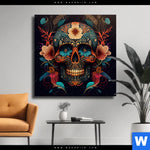 Leinwandbild Blumenschaedel Schwarz Quadrat Produktvorschau mit dem Bild Blumenschädel schwarz im Format Quadrat.