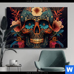 Leinwandbild Blumenschaedel Schwarz Querformat Produktvorschau mit dem Bild Blumenschädel schwarz im Format Querformat.