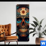 Leinwandbild Blumenschaedel Schwarz Schmal Produktvorschau mit dem Bild Blumenschädel schwarz im Format Schmal.