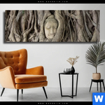 Leinwandbild Buddha In Baumwurzeln Panorama Produktvorschau mit dem Bild Buddha in Baumwurzeln im Format Panorama.
