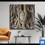 Leinwandbild Buddha In Baumwurzeln Quadrat Produktvorschau mit dem Bild Buddha in Baumwurzeln im Format Quadrat.