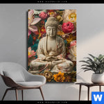 Leinwandbild Buddha In Farbenfrohen Blumen Hochformat Produktvorschau mit dem Bild Buddha in farbenfrohen Blumen im Format Hochformat.