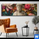 Leinwandbild Buddha In Farbenfrohen Blumen Panorama Produktvorschau mit dem Bild Buddha in farbenfrohen Blumen im Format Panorama.