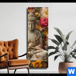 Leinwandbild Buddha In Farbenfrohen Blumen Schmal Produktvorschau mit dem Bild Buddha in farbenfrohen Blumen im Format Schmal.