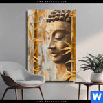 Leinwandbild Buddha Statue Im Goldenen Bambus Hochformat Produktvorschau mit dem Bild Buddha-Statue im goldenen Bambus im Format Hochformat.