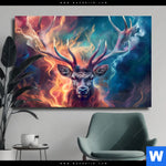 Leinwandbild Bunter Hirsch In Flammen Querformat Produktvorschau mit dem Bild Bunter Hirsch in Flammen im Format Querformat.