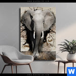 Leinwandbild Elefant Bricht Durch Mauer Hochformat Produktvorschau mit dem Bild Elefant bricht durch Mauer im Format Hochformat.