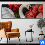 Leinwandbild Eleganter Schwan Mit Blumen Panorama Produktvorschau mit dem Bild Eleganter Schwan mit Blumen im Format Panorama.