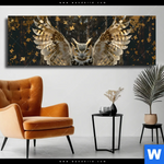 Leinwandbild Eule Inmitten Goldener Blaetter Panorama Produktvorschau mit dem Bild Eule inmitten goldener Blätter im Format Panorama.